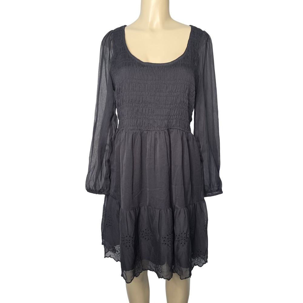 Old Navy Dress Womens L Black Smocked Eyelet Tiered Long Sleeve Boho Mini